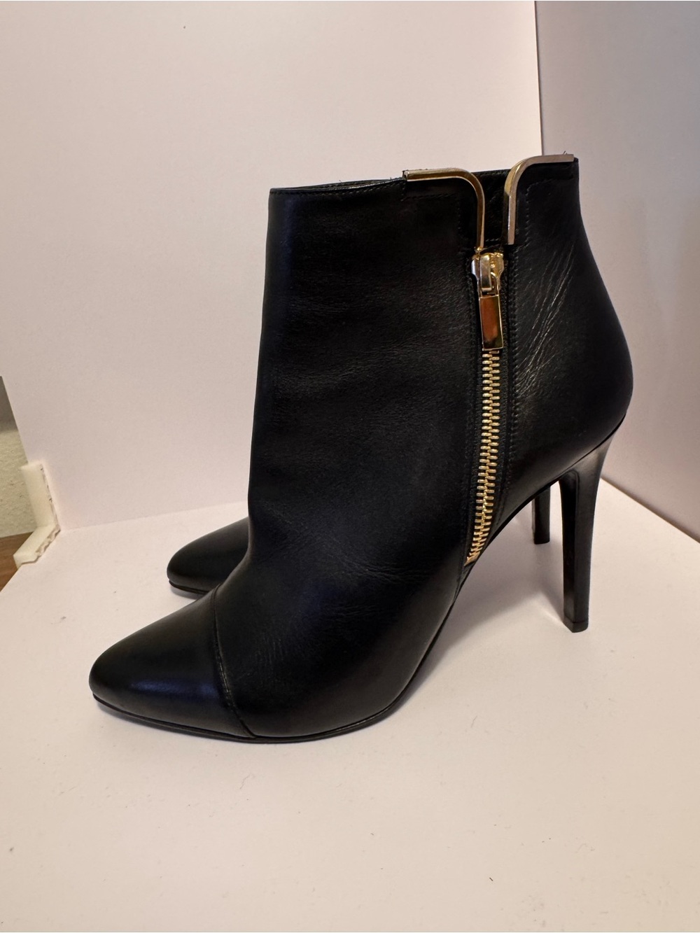 Lanvin Black Leather Ankle Booties with Gold Zip Detail